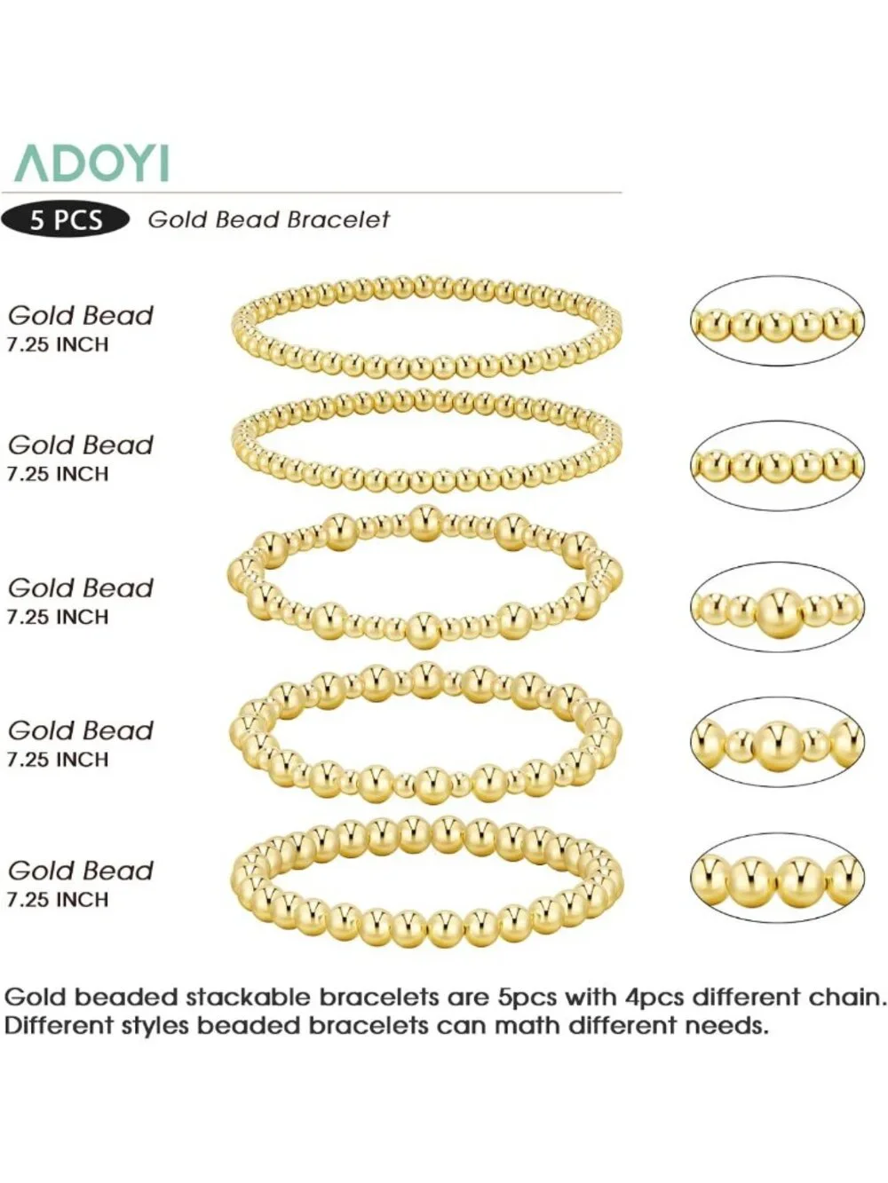 Waterproof Gold Beaded Bracelets for Women, Adjustable Stackable Jewelry Set